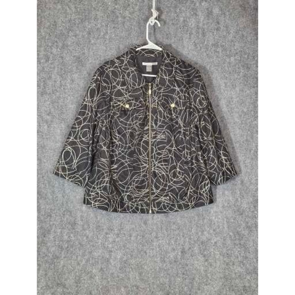 Mob Wife Evening Jacket Womens 16 Black Gold Metallic Swirl Zip Blazer Nygard